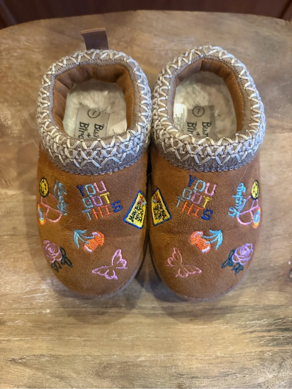 Kids Brown Embroidered Slip-On Slippers